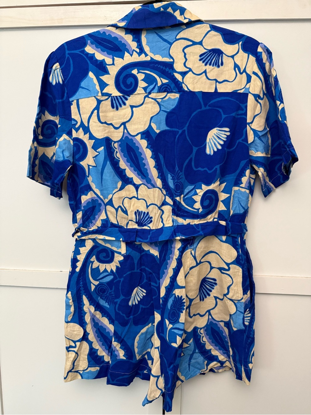 Farm Rio Tropical Groove Blue Floral Linen Romper XS - Picture 2 of 6